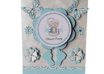 Zaproszenia Chrzest Święty Misiu W Serwetce  B6  Błękit - Srebro