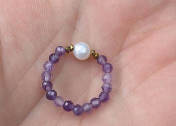 Pierścionek elastyczny kamienie perła naturalna ametyst hematyt prezent
