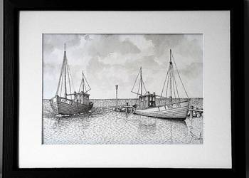 Rysunek Wejście do portu 30x40/21x30 tusz praca ręczna nowy papier art