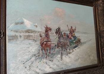 Stary obraz olejny Zimowa sanna