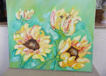 Obraz pieknych kolorowych kwiatów Olej na płótnie 55x46cm.