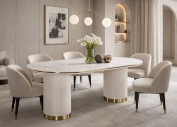 Stół owalny ryflowany 180x90 ecru marmurowy blat nowoczesny salon jadalnia