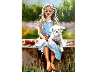 Kowalik - Jabłuszka II - 30x40cm Obraz Olejny Dziewczynka Piesek