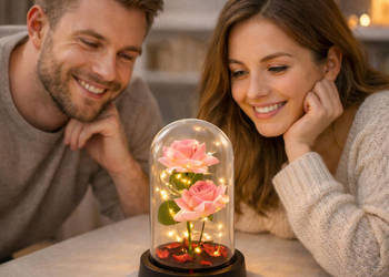 Wieczna Róża w Kopule 2 róże z Oświetleniem LED prezent Dzień Kobiet