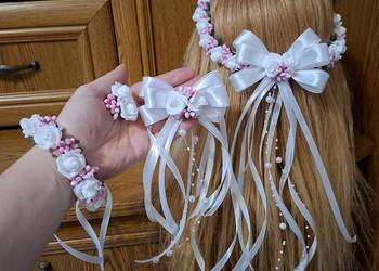 Wianek komunijny bialo różowy zestaw