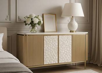 Komoda złota ryflowana z frontami z muszli morskiej Champion 160x90x40