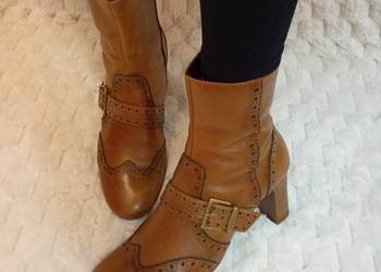 (38) Real Leather/ brązowe Skórzane Botki wieczorowe na szeroką stopę