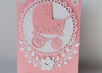 ZAPROSZENIA CHRZEST ŚWIĘTY DZIEWCZYNKA – WÓZEK B6 RÓŻ – BIEL