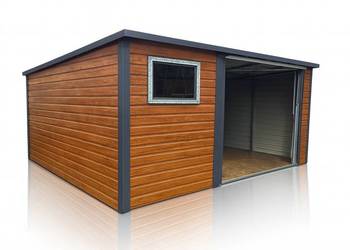 Garaż Blaszany spad na tył 4×4 drewnopodobny PREMIUM, brama uchylna