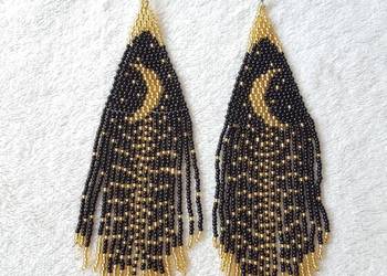 Długie kolczyki koralikowe czarne noc księżyc gwiazdy koraliki