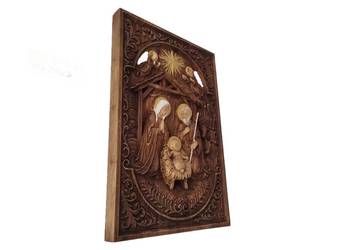 Ikona drewniana Szopka Betlejemska – Narodzenie Pańskie, płaskorzeźba