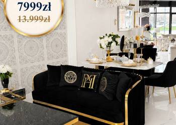 Ekskluzywna sofa czarna 3 osobowa złota kanapa glamour