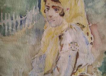 Wiejska dziewczynka akwarela antyk