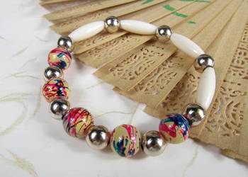 Bransoletka kolorowy srebrny kremowy owal eko handmade
