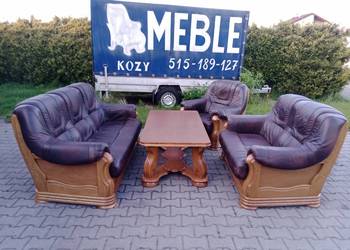 Komplet Wypoczynkowy BROWN 3+2+1 i Ława , Dąb - skóra Brąz