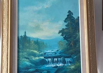 Krajobraz z wodospadem, obraz olejny, złota ornamentowa rama