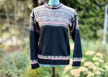Sweter wełniany S 36 wełna czarny kolorowy wzór norweski skandynawski