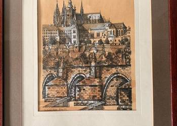 Grafika Artystyczna Praga 1982 Sygnowana Oryginał w Ramie Mahoniowej