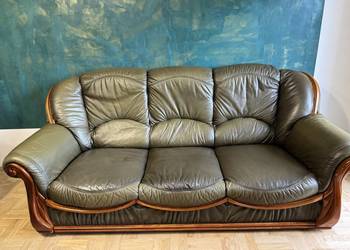 Sofa z czasów PRL skórzana lata 80 te 20 w antyk 3 osobowa oliwkowa