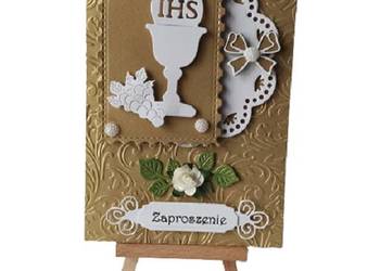 ZAPROSZENIA KOMUNIA UNIWERSALNE KIELICH W RAMCE – SERWETKA B6 ZŁOTO – BIEL