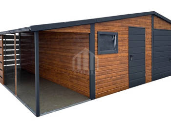 Garaż blaszany 6x6m + wiata 2m - brama uchylna - drzwi - okno - rynna SO134