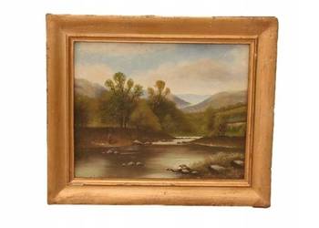 Wędkarz nad Rzeką - Pejzaż Lasu - Rzeka Las - Obraz Olejny - Złota Rama