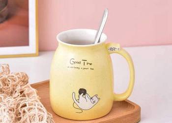 KUBEK CERAMICZNY 420ML Z ŁYŻECZKĄ KOT DO KAWY HERBATY DUŻY CUTE