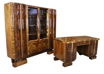 Piękny gabinet art - deco po renowacji / biurko i biblioteka / orzech antyk