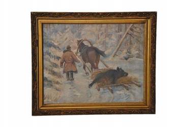 J Fałat - Upolowany Dzik Stary Duży Obraz - Unikalna Rama