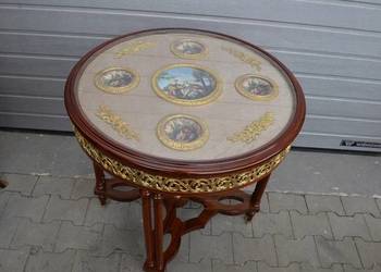 drewno STÓŁ 80X77 stolik MEDALIONY PORCELANA +BRĄZ