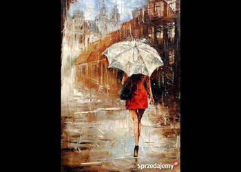 Kowalik - Deszczowy spacer - 40x60cm Obraz Olejny Kobieta Architektura