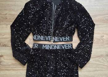 Świetny błyszczący NOWY komplet cekinowy bluza spódniczka 38 40 Mochy