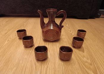 Zestaw karafka + 6 kieliszki - fajans VINTAGE, PRL, lata 80-tej