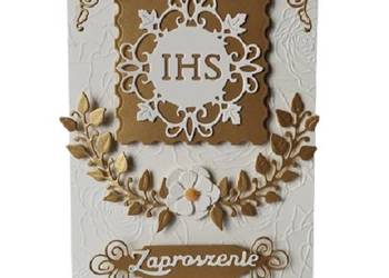 ZAPROSZENIA KOMUNIA UNIWERSALNE IHS Z KORONKĄ W ŁUKU – B6 – ECRI – ZŁOTO