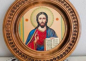 Ikona Chrystusa Pantokratora oprawiona w ozdobną drewnianą ramę Śr. 23cm