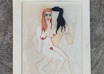 Obraz duży vintage / akwarela-gwasz / akt surrealistyczny Czechy łata 1970-