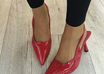 (42/43) Czerwone czółenka szpilki wieczorowe z odkrytą piętą, NOWE