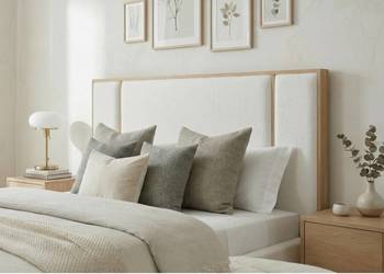 MIKO łóżko tapicerowane sypialnia 140x200 jasne beżowe + drewniane elementy