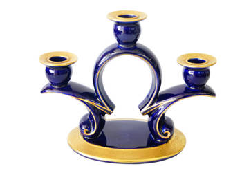 ILMENAU świecznik porcelanowy KOBALTOWY złocenia piękny