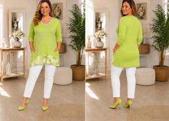 Bluza damska CEKINY limonkowa - kieszenie - dekold serek -biust 110cm