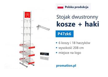 Dwustronny stojak z koszami i hakami do ekspozycji towaru w sklepie