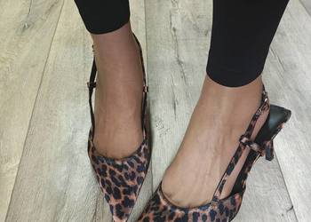 (42) Panterkowe czółenka szpilki wieczorowe z odkrytą piętą, NOWE