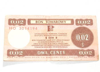 Stary Bon Towarowy Pko 2 centy Pewex 1979 antyk