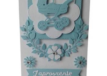 ZAPROSZENIA CHRZEST ŚWIĘTY WÓZEK W SERWETCE LIŚCIE C6 BŁĘKIT - BIEL