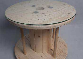 Stolik z przekładkami ze szpuli, drewniany, szlifowany, LOFT
