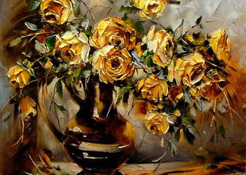 Kowalik - Herbaciane róże - 60x50cm Obraz Olejny Kwiaty Szpachla
