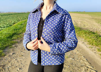 Krótka kurta wiosenna vintage M 38 granatowa kwiaty floral w