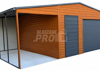 Garaż blaszany 5×6 m + wiata 2×6 m segmentowa drewnopodobny GP768