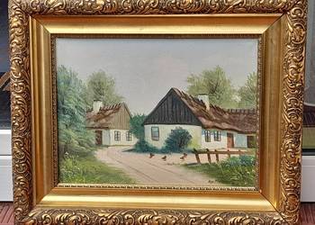 Podwórze wiejskie, piękny stary obraz na płótnie, złota rama
