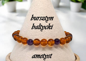 Bransoletka z bursztynu, BURSZTYN bałtycki, AMETYST, kulki #833